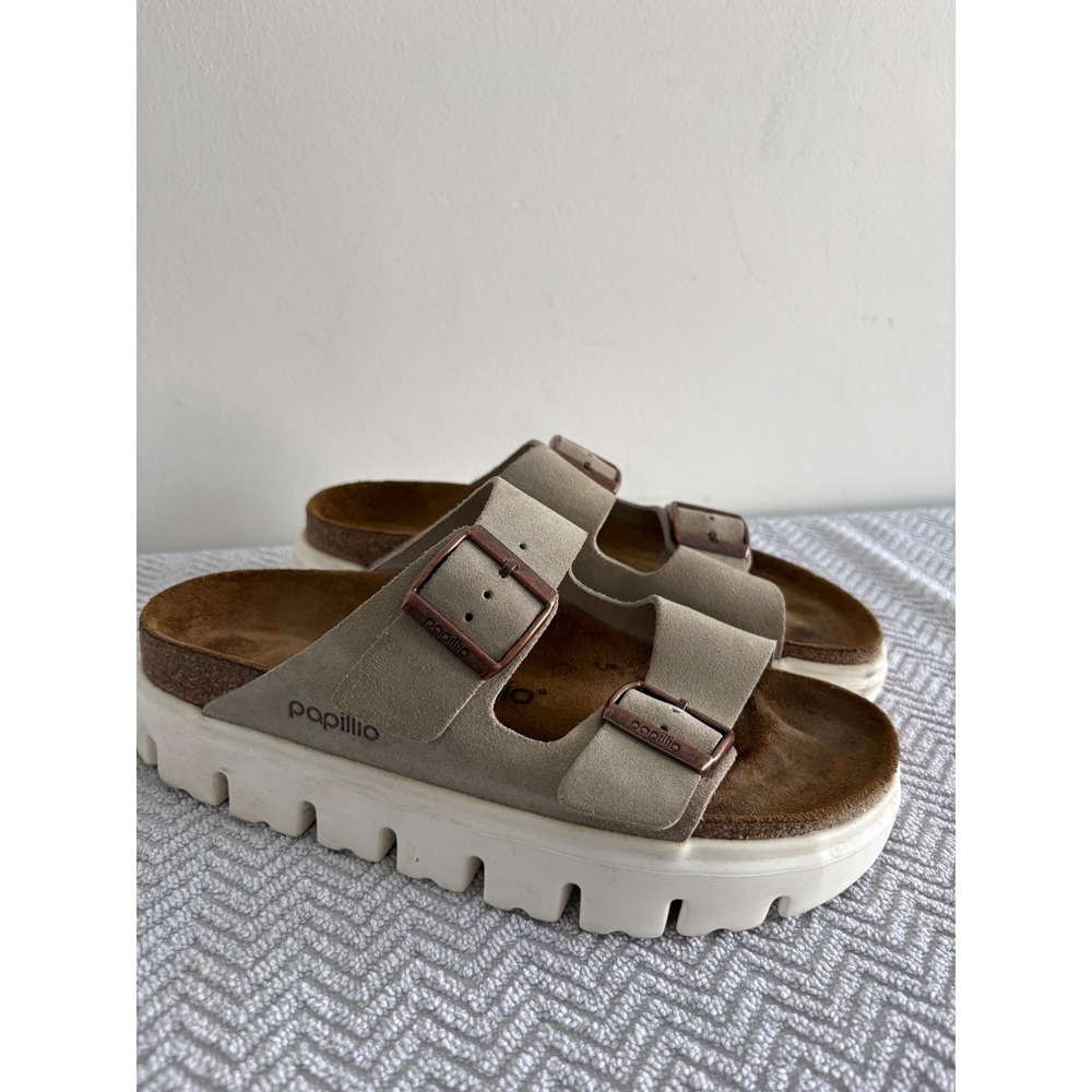 Papillio by Birkenstock Arizona Platform Sandals Taupe Suede Chunky Lug Sole 38